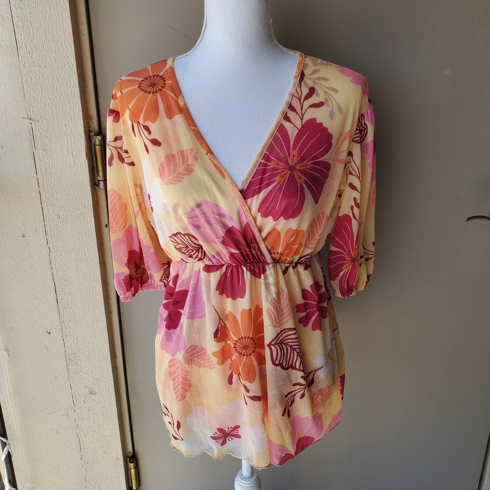 Cha Cha Vente Top Womens‎ Medium Yellow Pink Orange Floral Balloon Sleeve V Neck